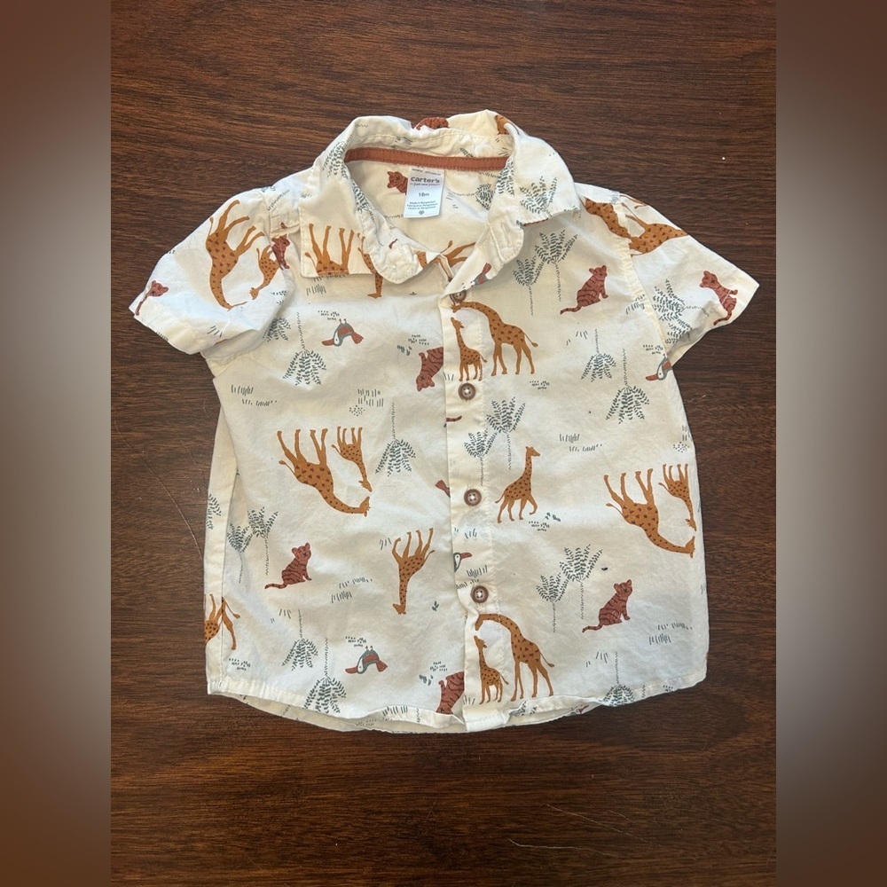Carter's Cream Button-Down Shirt with Brown Giraffe Print